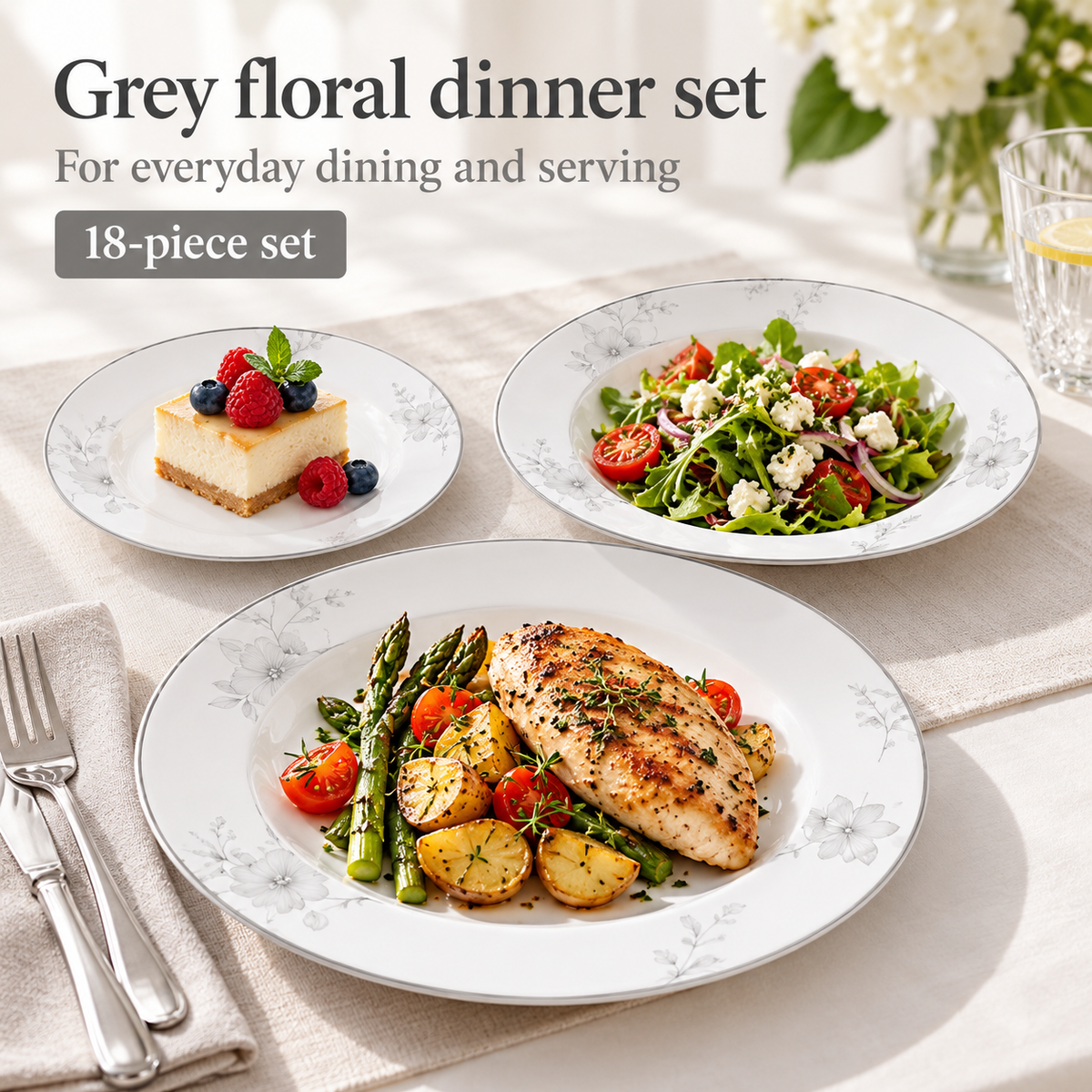 Danny Home Grey Floral Dinner Set - 18 Pieces