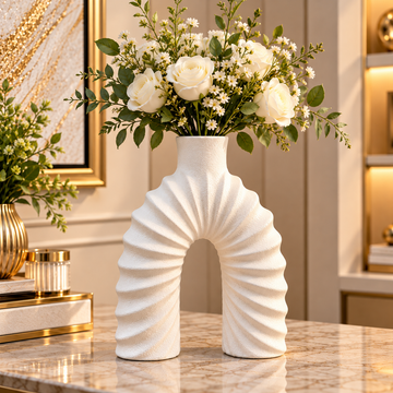 WHITE LARGE ARCH SHAPE RIBBED TEXTURE DECORATIVE VASE - LARGE