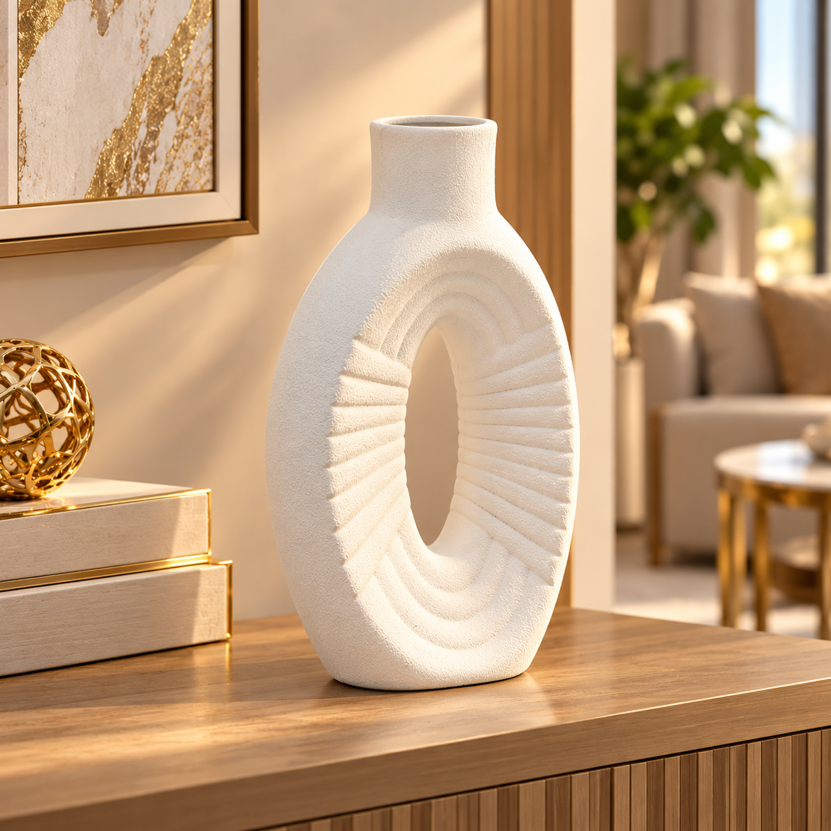 WHITE TALL OVAL RIBBED OPEN CENTER DECORATIVE VASE - LARGE