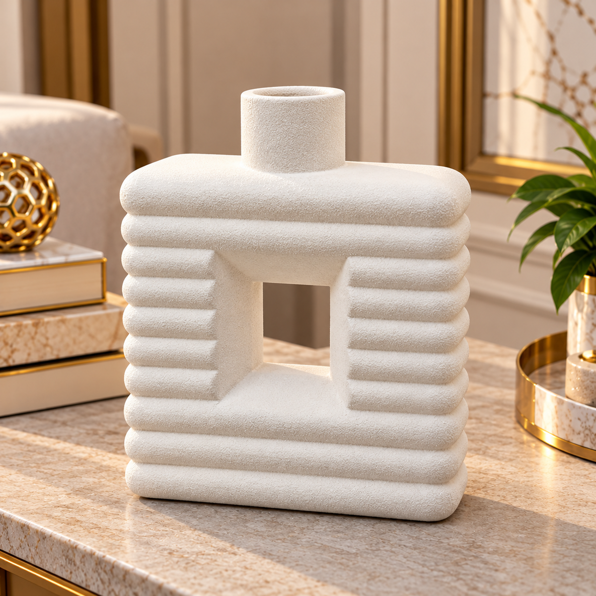 WHITE RIBBED OPEN CENTER DECORATIVE VASE - LARGE