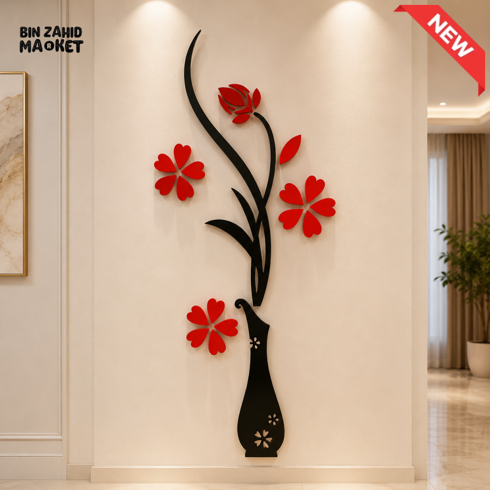 3D RED FLOWER VASE WALL DECOR SET