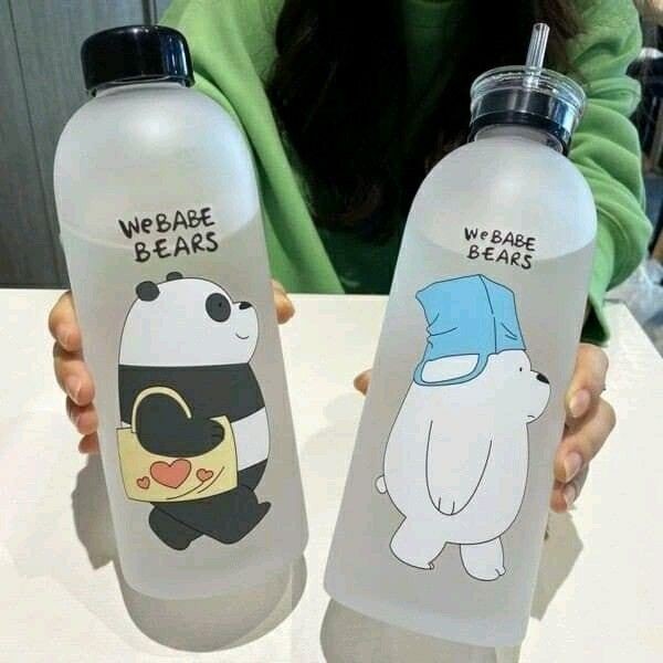 2IN1 DRINKING "WE BABE BEARS" FROSTED WATER BOTTLE WITH 2 CAPS & STRAW 1000ML