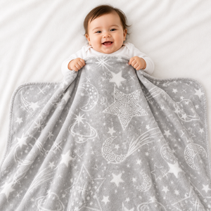 HAPPIMUMS BABY PLUSH SLEEPING BLANKET DOUBLE PLY MOON & STARS 110 x 80 - GREY