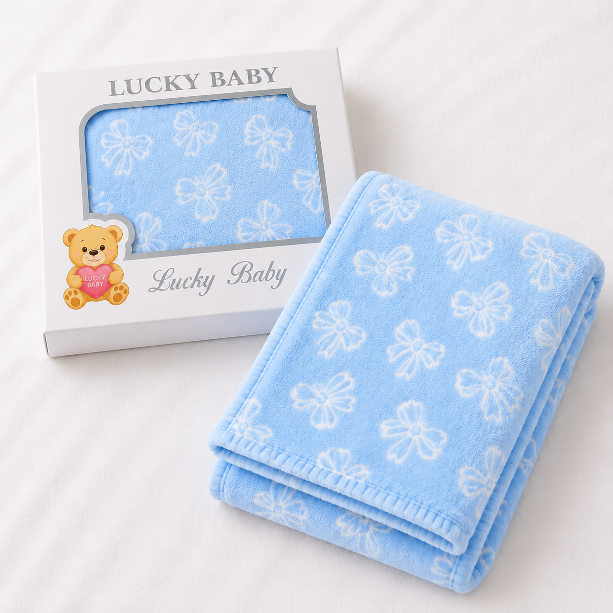 HAPPIMUMS BABY PLUSH SLEEPING BLANKET DOUBLE PLY SWEET RIBBON 110 x 80 - BLUE