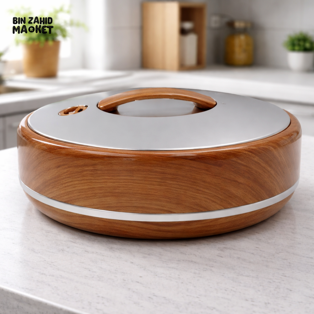 3L PREMIUM ROUND INSULATED HOT POT CASSEROLE – STAINLESS STEEL INNER WITH SILVER LID & WOOD FINISH BODY – THERMAL FOOD