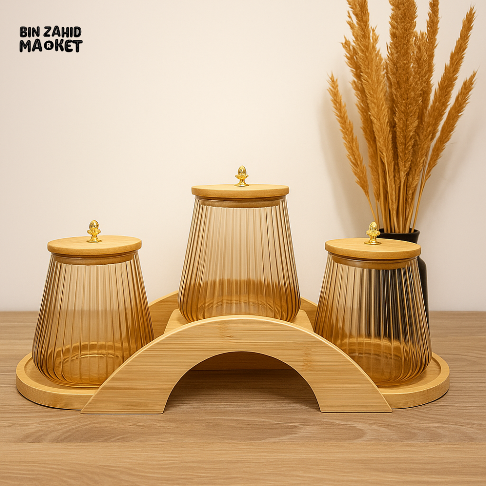 3PIECE AMBER GLASS JAR SET WITH BAMBOO LIDS & STAND – DRY FRUIT, COFFEE, RICE STORAGE CONTAINERS