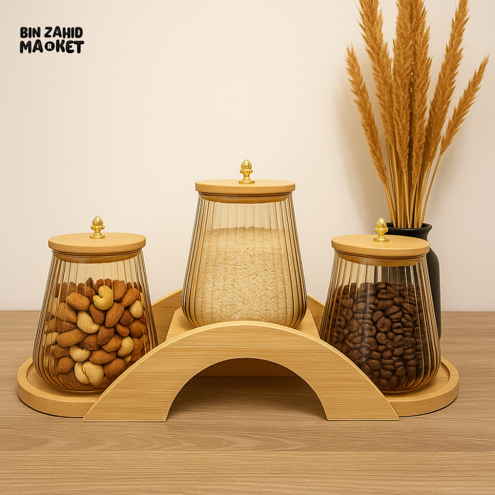 3PIECE AMBER GLASS JAR SET WITH BAMBOO LIDS & STAND – DRY FRUIT, COFFEE, RICE STORAGE CONTAINERS