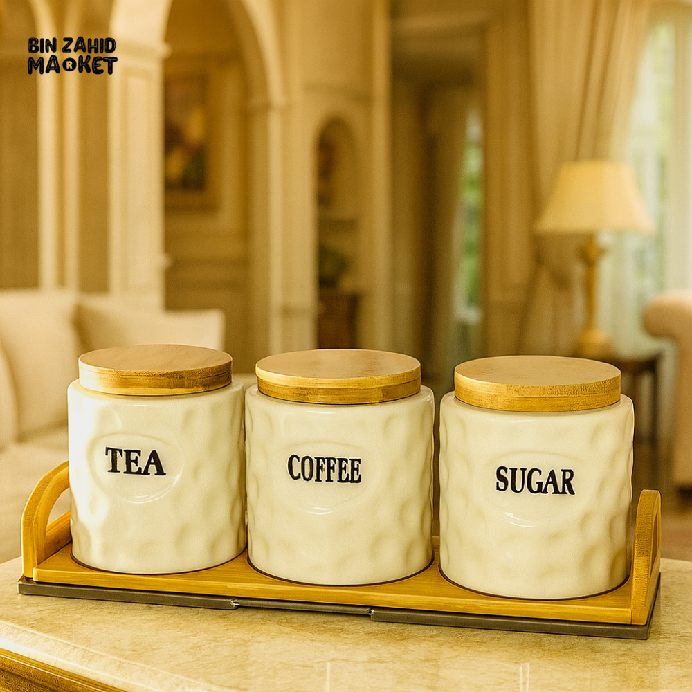 3PIECE CERAMIC TEA COFFEE SUGAR JAR SET WITH BAMBOO LIDS & TRAY – LUXURY KITCHEN STORAGE CONTAINERS |