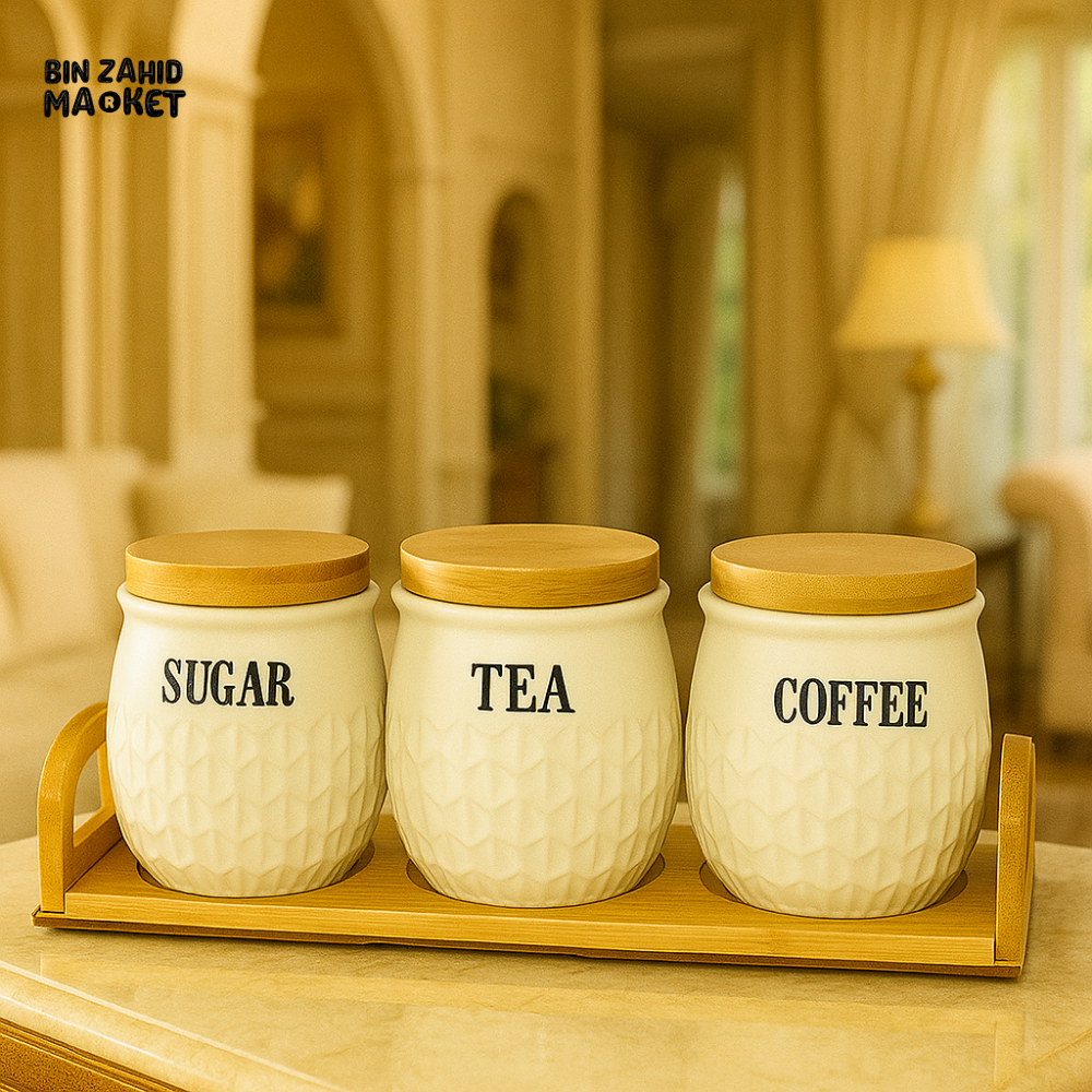 3PIECE CERAMIC TEA COFFEE SUGAR JAR SET WITH BAMBOO LIDS & TRAY – TEXTURED DESIGN KITCHEN STORAGE CONTAINERS