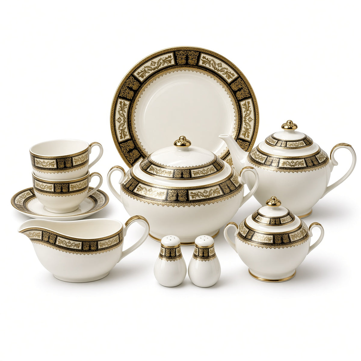 Yamasen Japan Inspired Black Ornate Gold Plated Porcelain Dinner Set