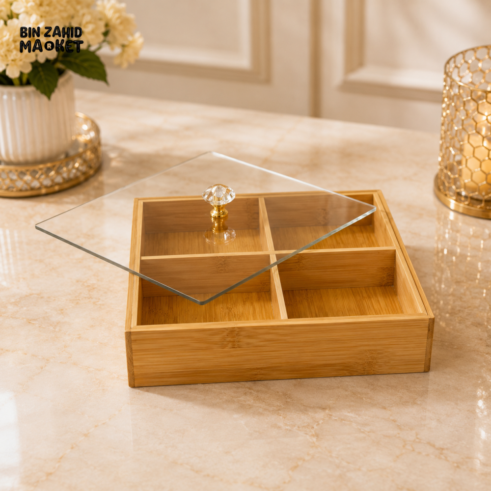 4-COMPARTMENT BAMBOO SNACK ORGANIZER WITH CLEAR LID