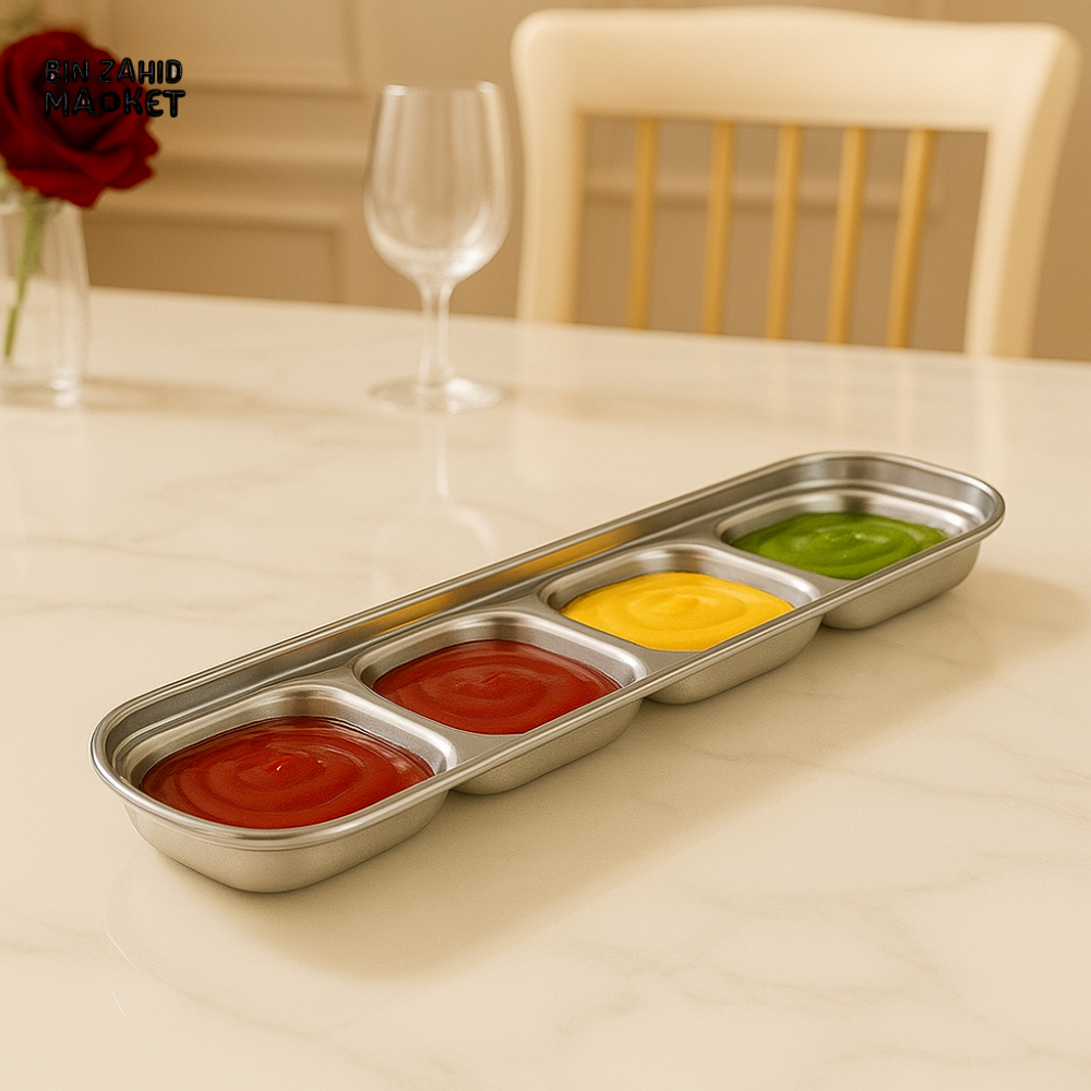 4-COMPARTMENT GOLDEN SAUCE TRAY – LUXURY SERVING DISH FOR KETCHUP, MUSTARD & DIPS - SILVER GST2058 1*4