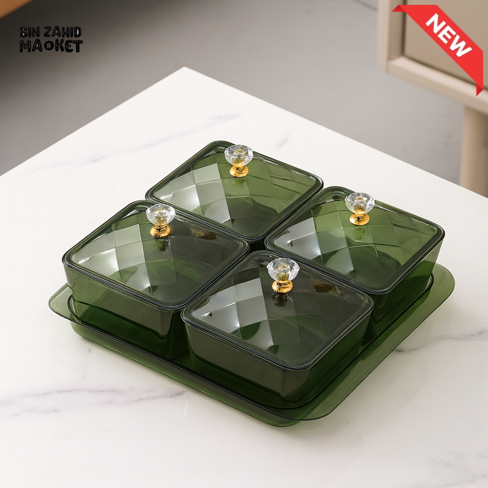 4 COMPARTMENT LUXURY STORAGE JAR SET – SQUARE SERVING CONTAINERS WITH CRYSTAL KNOBS & TRAY FOR SNACKS DRY FRUITS &
