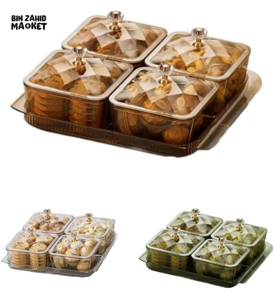 4 COMPARTMENT LUXURY STORAGE JAR SET – SQUARE SERVING CONTAINERS WITH CRYSTAL KNOBS & TRAY FOR SNACKS DRY FRUITS &
