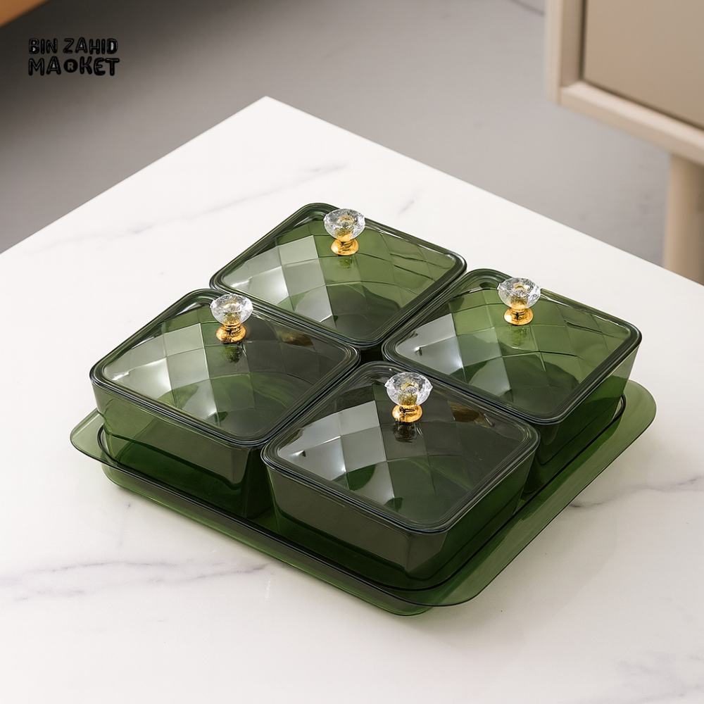 4 COMPARTMENT LUXURY STORAGE JAR SET – SQUARE SERVING CONTAINERS WITH CRYSTAL KNOBS & TRAY FOR SNACKS DRY FRUITS &