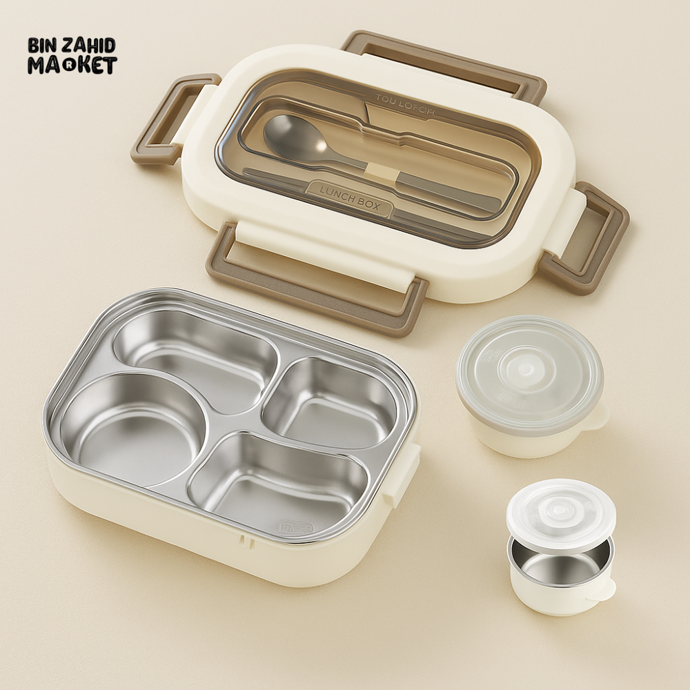 4-Compartment Thermal Lunch Box with Bowl Spoon & Fork