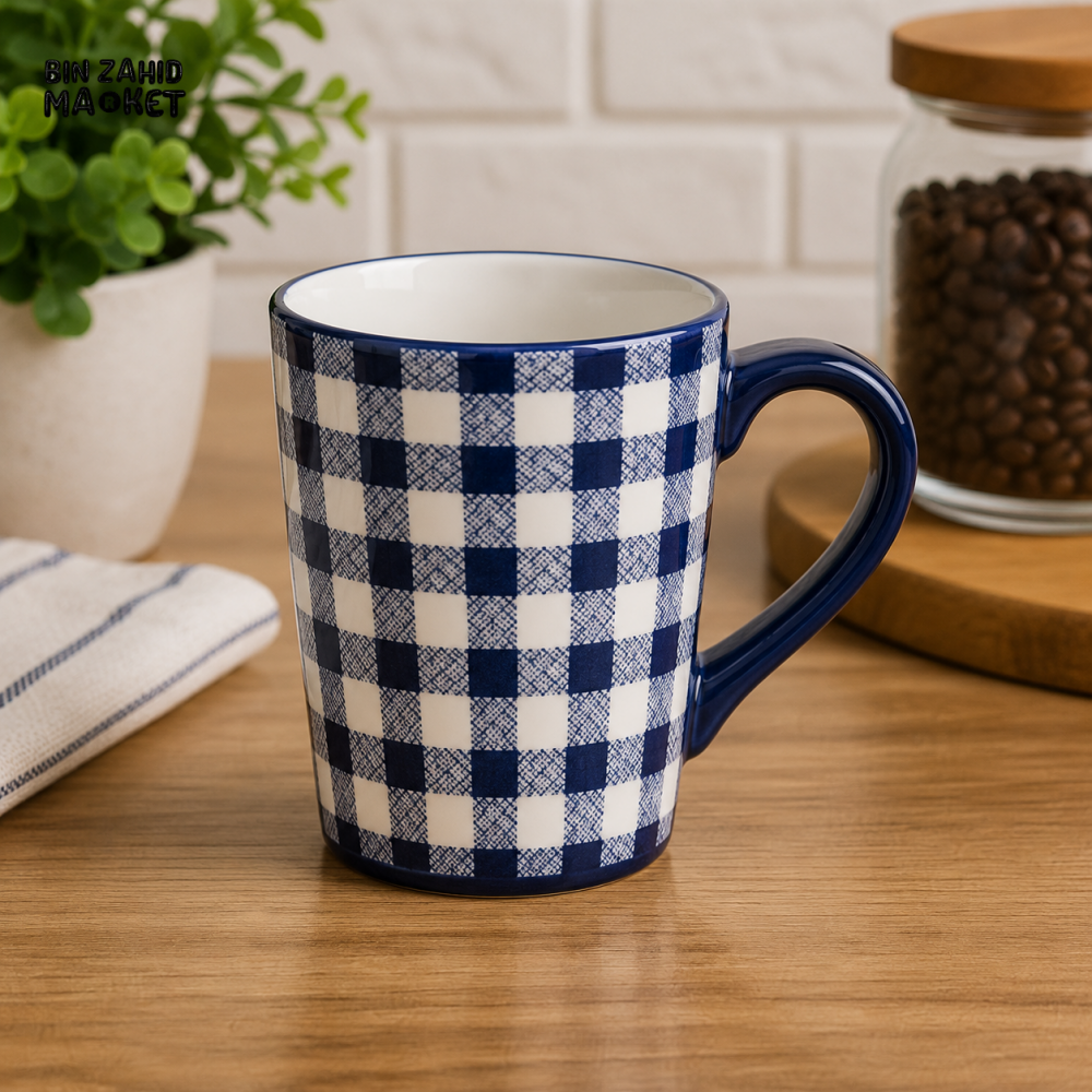 4 PACK CERAMIC MUG SET – BLUE CHECKERED - Mugs