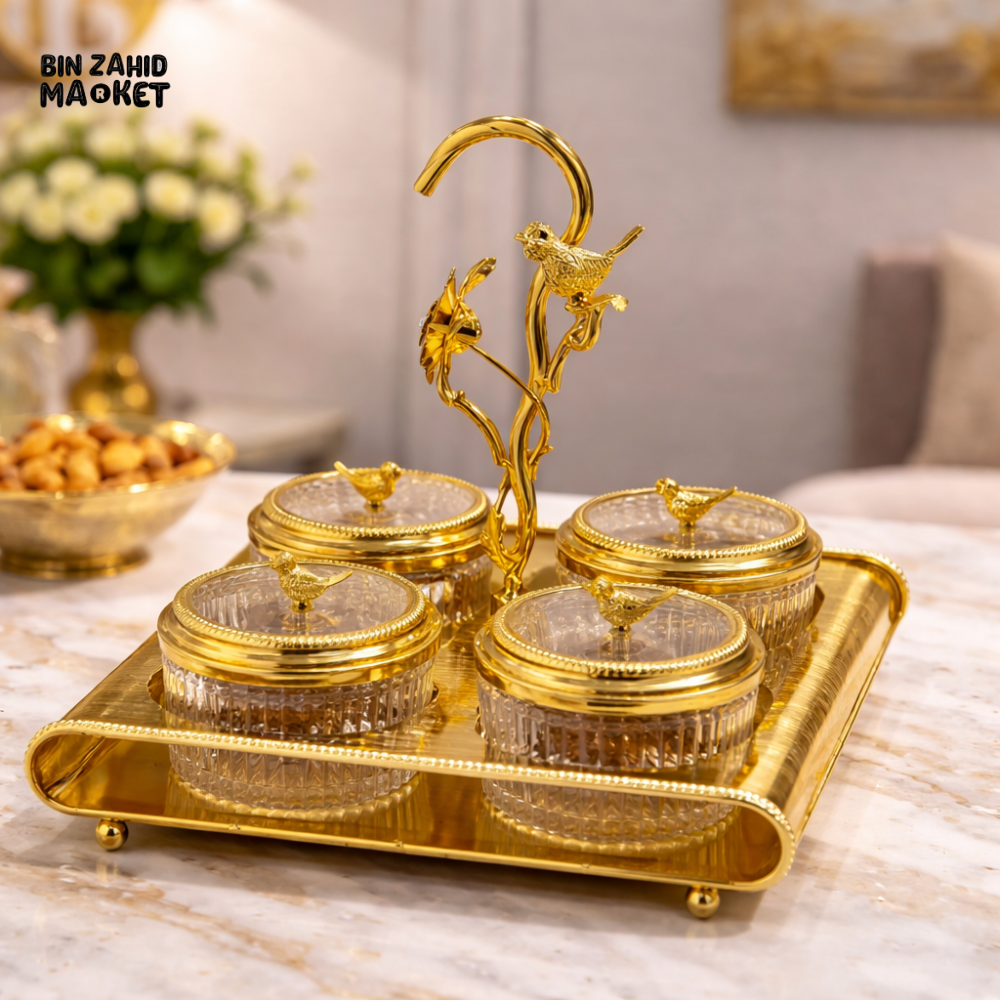 4-PARTITION LUXURY DRY FRUIT TRAY SET WITH LIDS & HANDLE DECORATIVE SERVING SET - GOLDEN