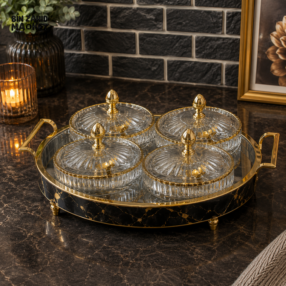 4 PCS GLASS CANDY JAR SERVING SET WITH TRAY - Trays