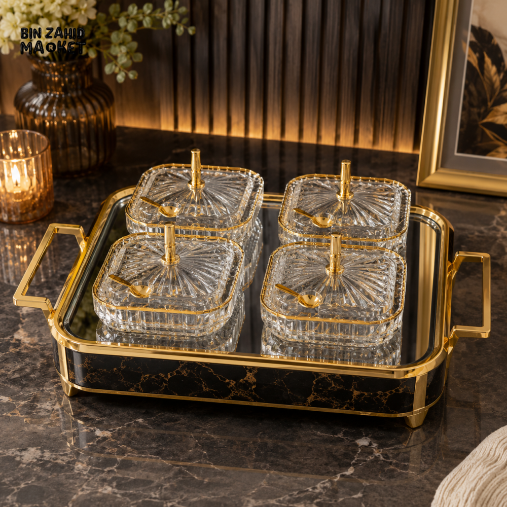 4 PCS SQUARE GLASS CONDIMENT SET WITH TRAY - Condiment Sets