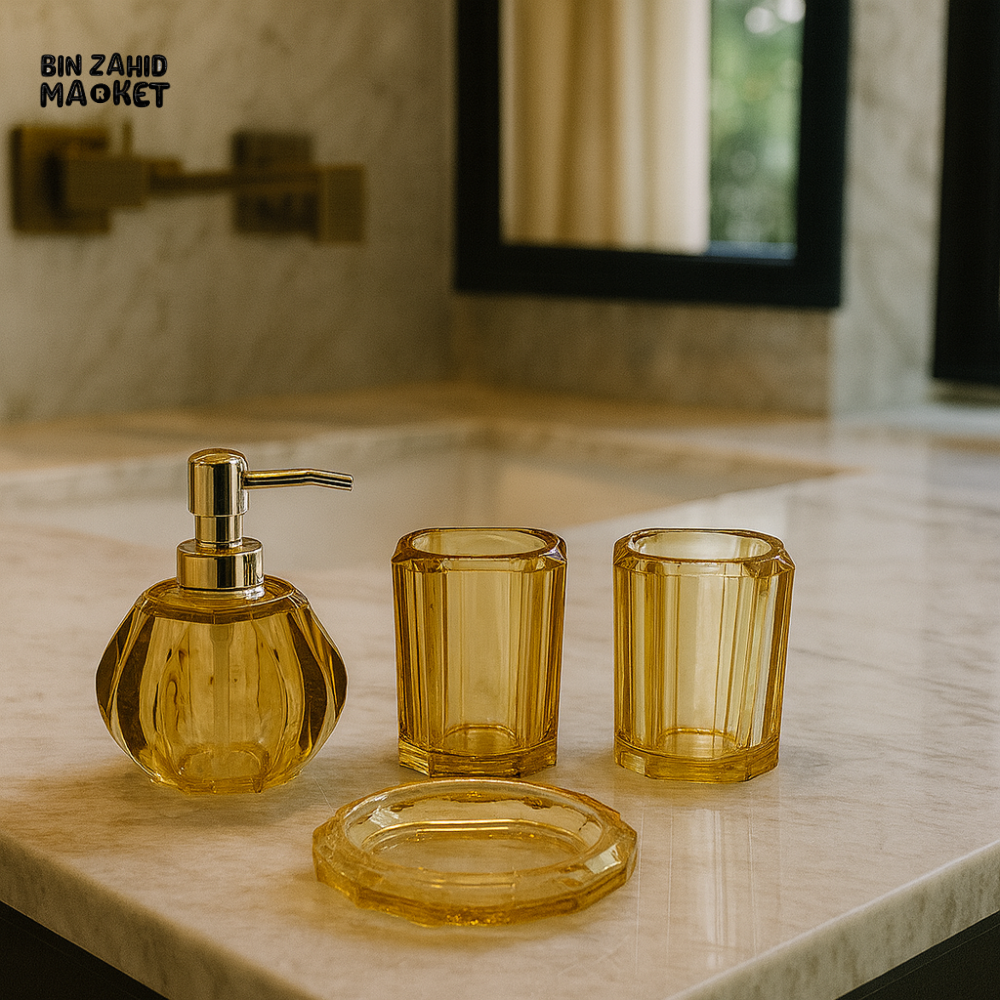 4 PIECE AMBER GLASS BATHROOM ACCESSORY SET – LUXURY VILLA WASHROOM COLLECTION F3108AT