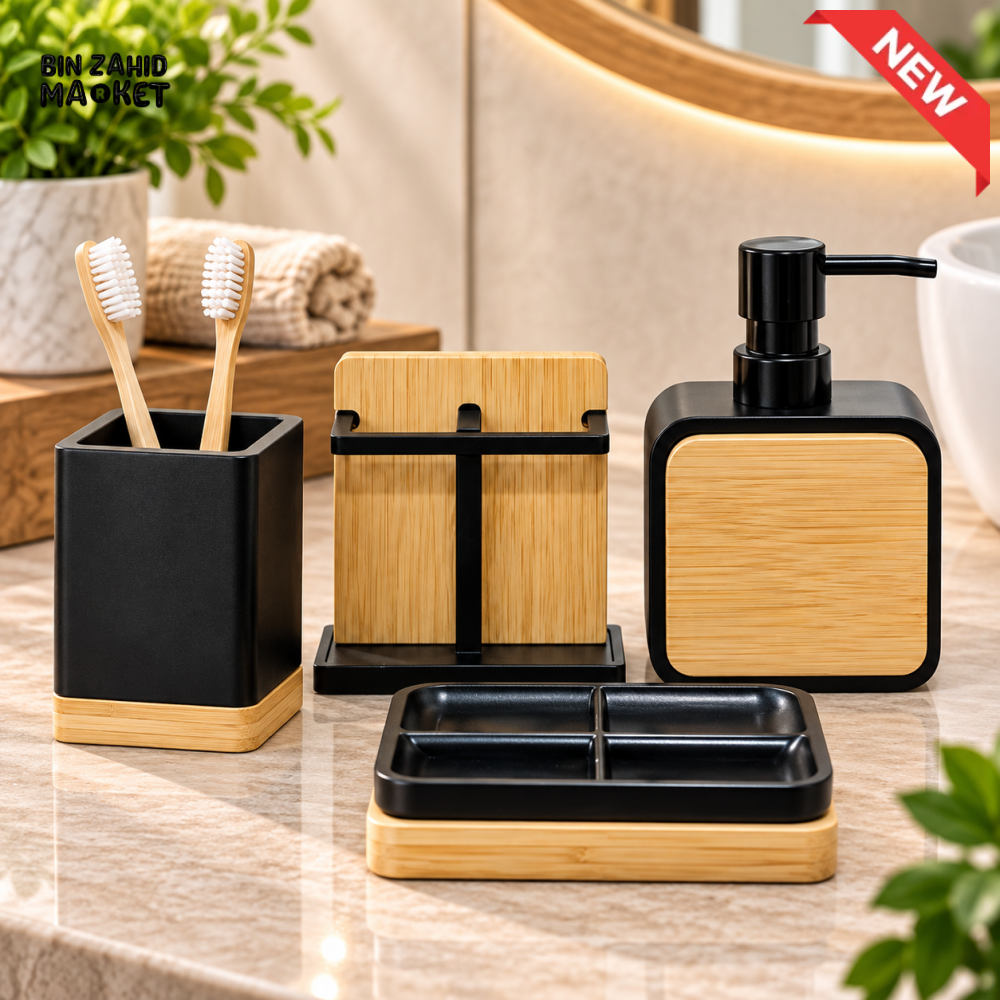 4-PIECE BAMBOO & MATTE FINISH BATHROOM ACCESSORY SET WITH SOAP DISPENSER