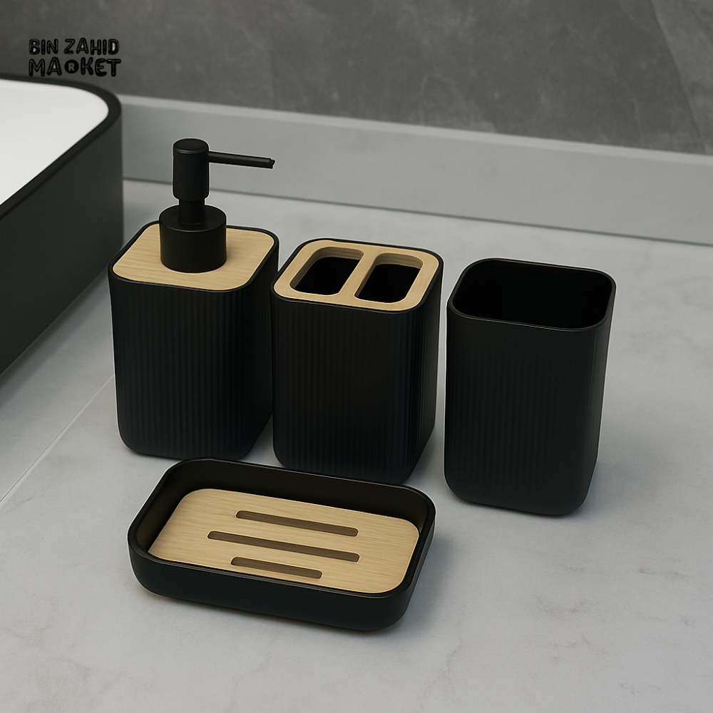 4 PIECE BATHROOM ACCESSORY SET WITH WOODEN ACCENTS – LUXURY VILLA WASHROOM ORGANIZER COLLECTION - BLACK