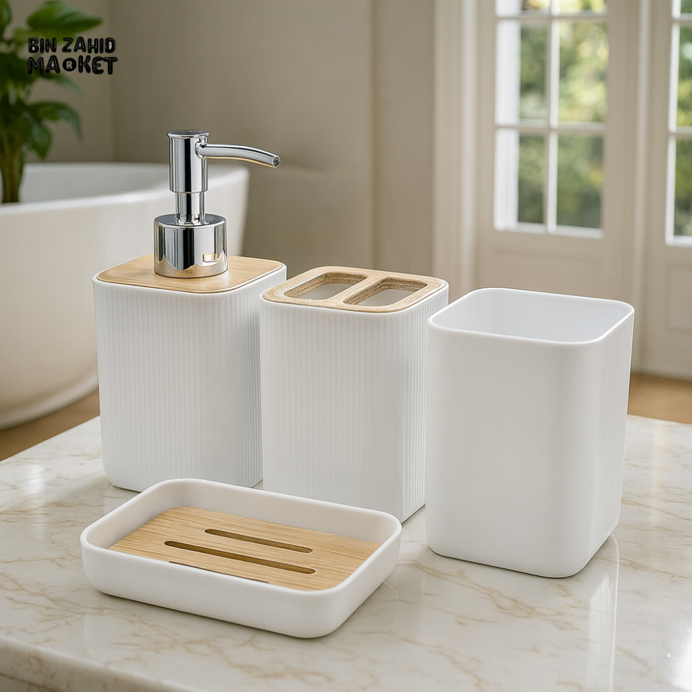 4 PIECE BATHROOM ACCESSORY SET WITH WOODEN ACCENTS – LUXURY VILLA WASHROOM ORGANIZER COLLECTION - WHITE