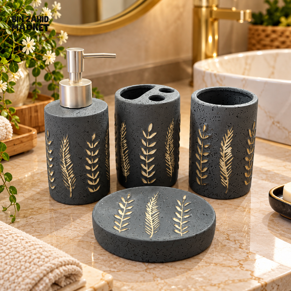 4-PIECE BLACK & GOLD LEAF DESIGN BATHROOM ACCESSORY SET - Bathroom Sets