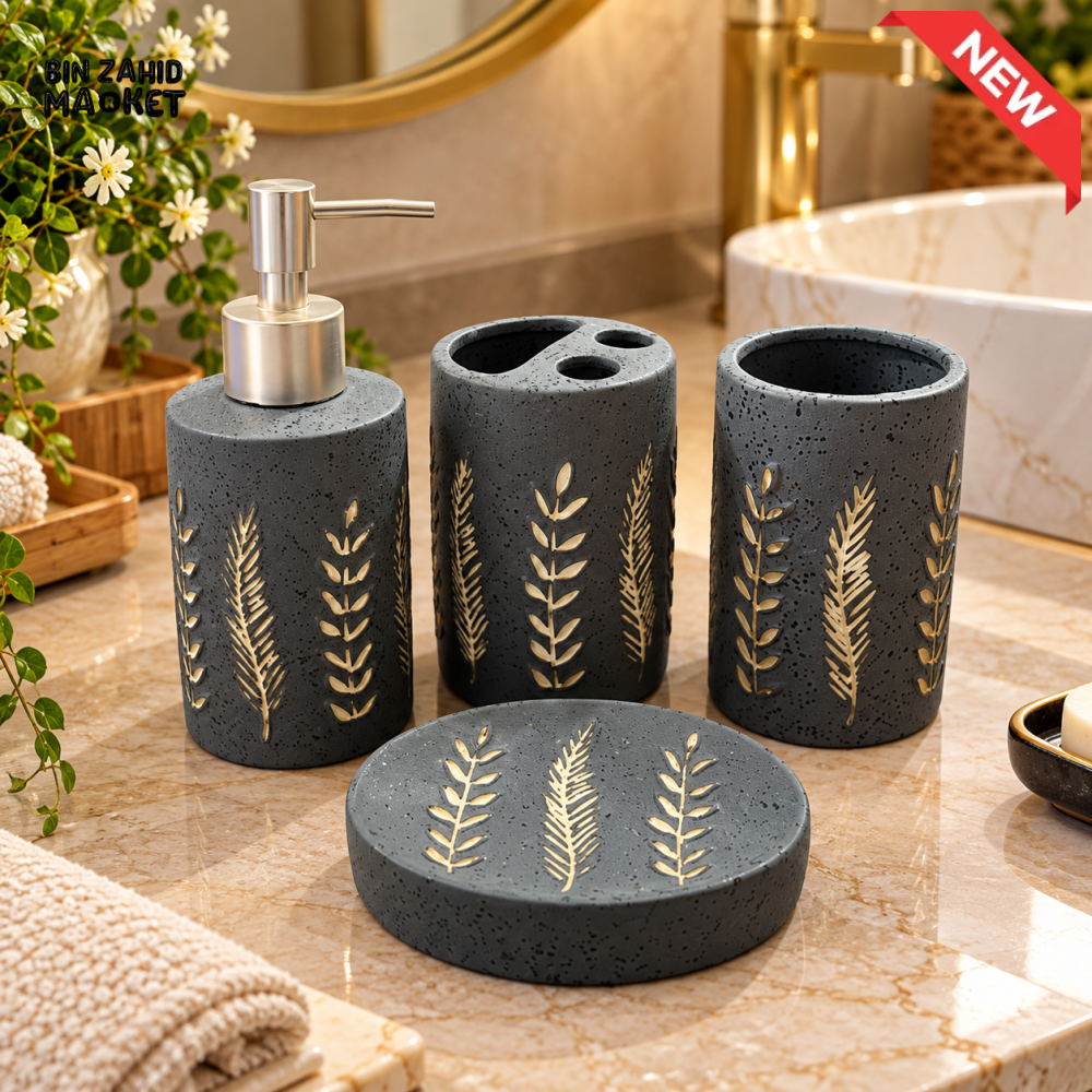 4-PIECE BLACK & GOLD LEAF DESIGN BATHROOM ACCESSORY SET - Bathroom Sets