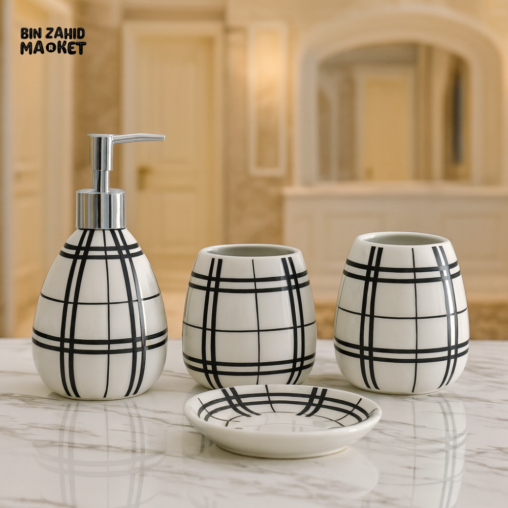 4 PIECE CERAMIC BATHROOM SET – SOAP DISPENSER, TOOTHBRUSH HOLDER, TUMBLER & TRAY - 005-1