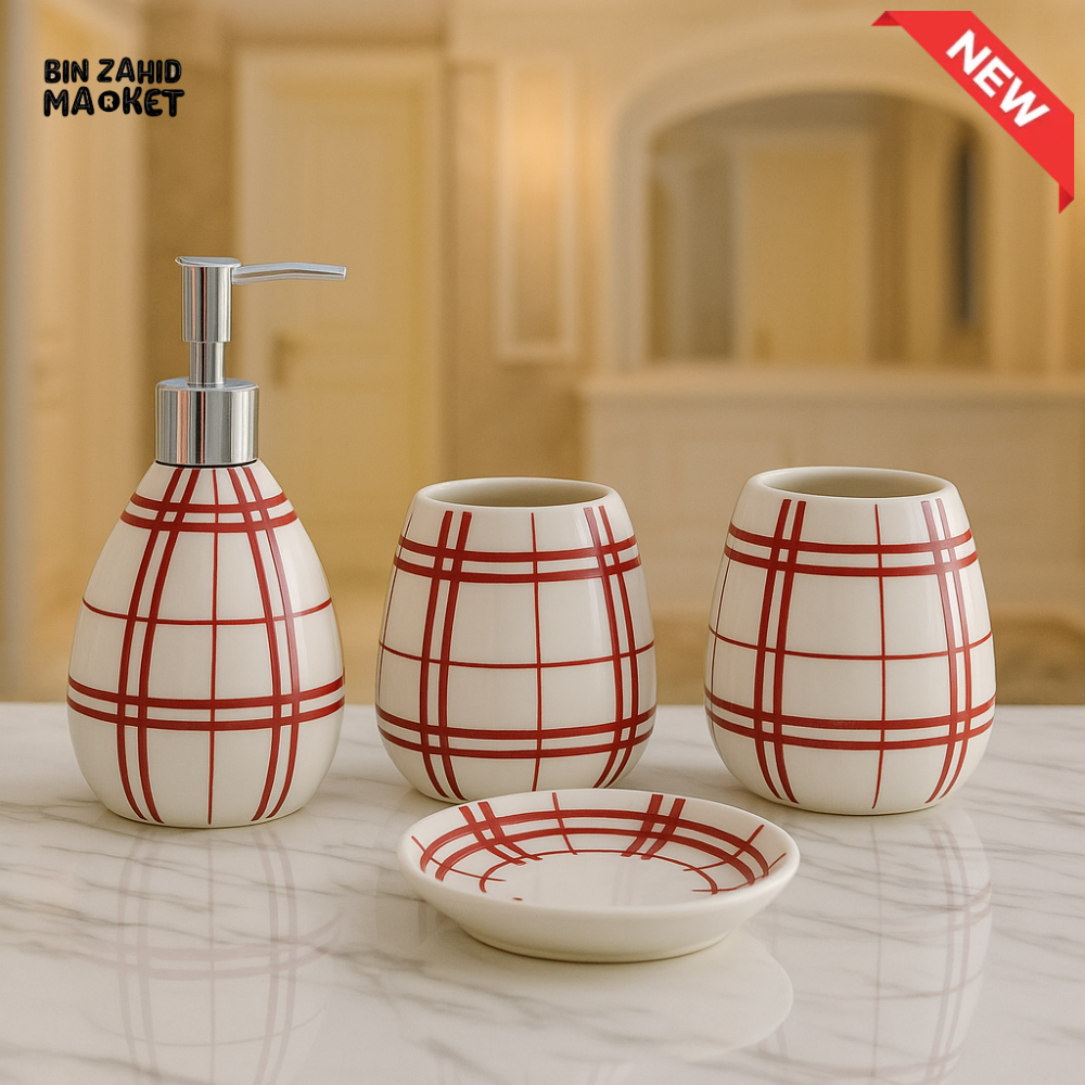 4 PIECE CERAMIC BATHROOM SET – SOAP DISPENSER, TOOTHBRUSH HOLDER, TUMBLER & TRAY - 005-1