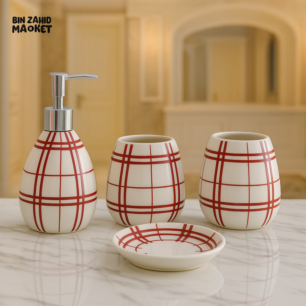 4 PIECE CERAMIC BATHROOM SET – SOAP DISPENSER, TOOTHBRUSH HOLDER, TUMBLER & TRAY - 005-1