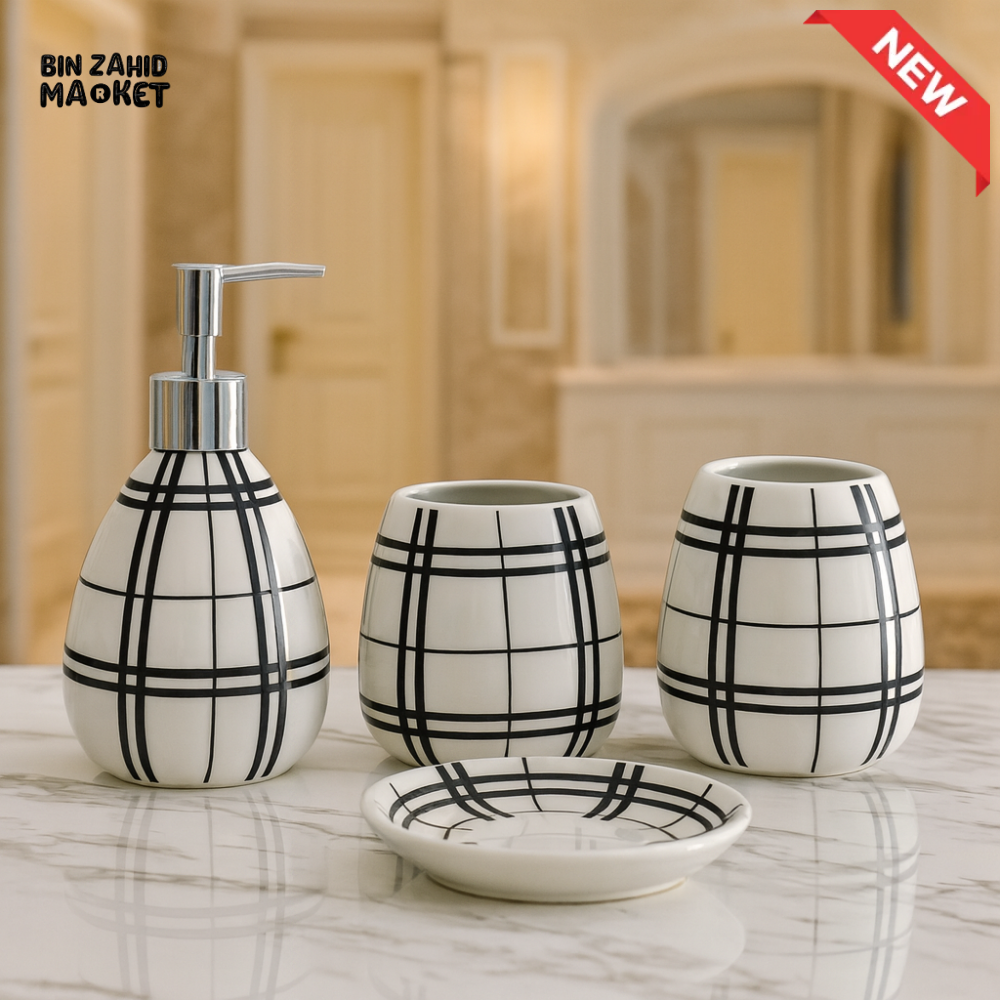 4 PIECE CERAMIC BATHROOM SET – SOAP DISPENSER, TOOTHBRUSH HOLDER, TUMBLER & TRAY - 005-1