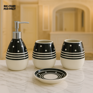 4 PIECE CERAMIC BATHROOM SET – SOAP DISPENSER, TOOTHBRUSH HOLDER, TUMBLER & TRAY - 005-2