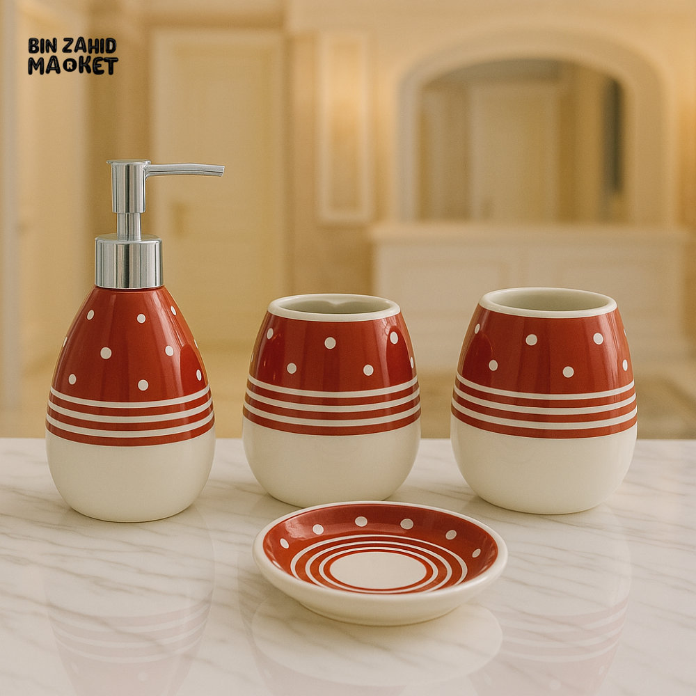 4 PIECE CERAMIC BATHROOM SET – SOAP DISPENSER, TOOTHBRUSH HOLDER, TUMBLER & TRAY - 005-2