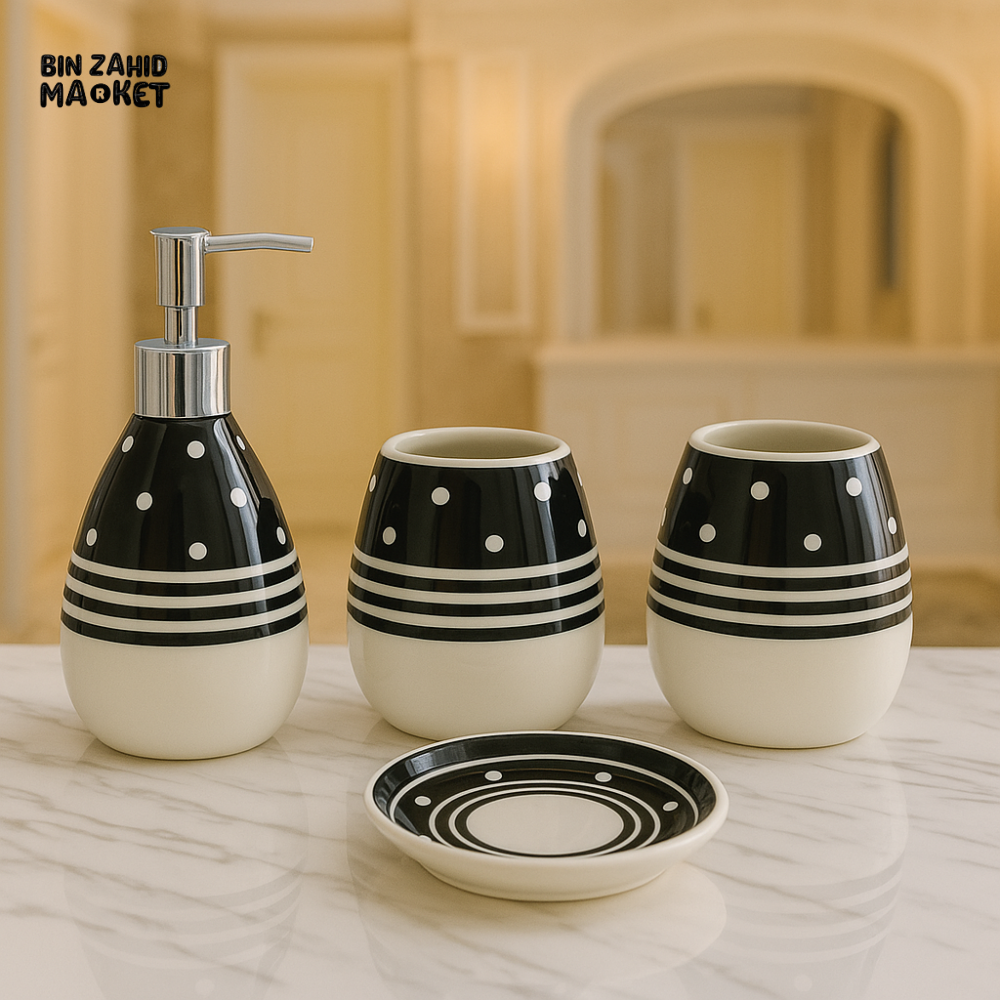 4 PIECE CERAMIC BATHROOM SET – SOAP DISPENSER, TOOTHBRUSH HOLDER, TUMBLER & TRAY - 005-2