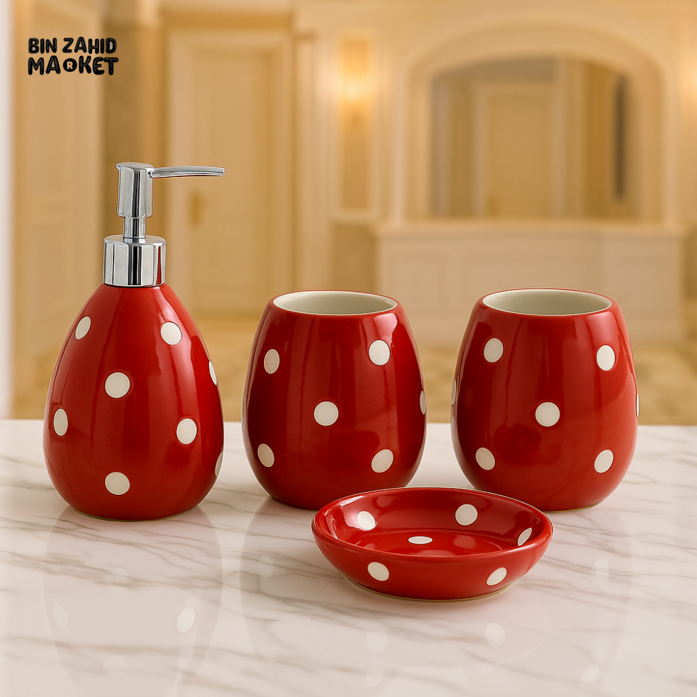 4 PIECE CERAMIC BATHROOM SET – SOAP DISPENSER, TOOTHBRUSH HOLDER, TUMBLER & TRAY - 005-4