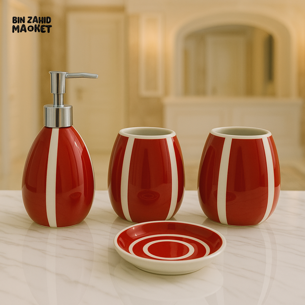 4 PIECE CERAMIC BATHROOM SET – SOAP DISPENSER, TOOTHBRUSH HOLDER, TUMBLER & TRAY - 005-3