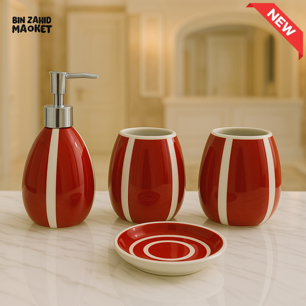 4 PIECE CERAMIC BATHROOM SET – SOAP DISPENSER, TOOTHBRUSH HOLDER, TUMBLER & TRAY - 005-3