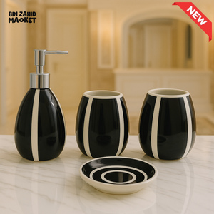 4 PIECE CERAMIC BATHROOM SET – SOAP DISPENSER, TOOTHBRUSH HOLDER, TUMBLER & TRAY - 005-3
