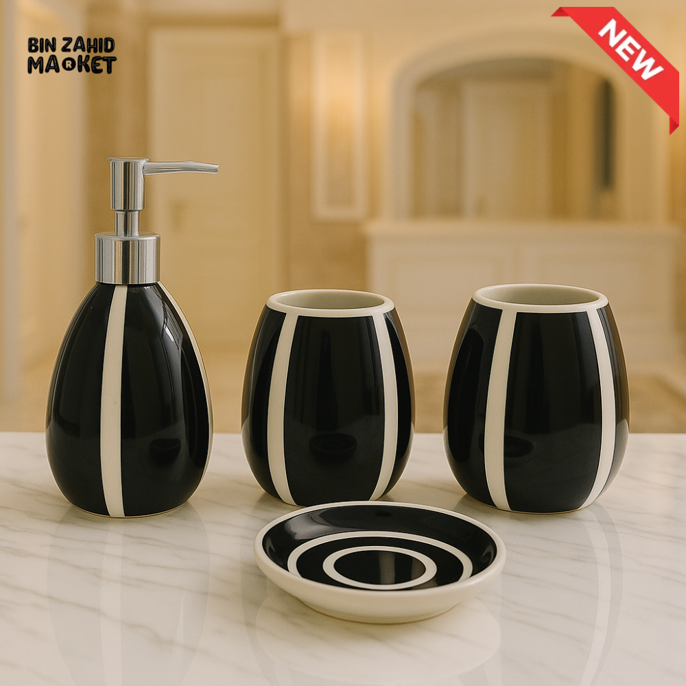 4 PIECE CERAMIC BATHROOM SET – SOAP DISPENSER, TOOTHBRUSH HOLDER, TUMBLER & TRAY - 005-3