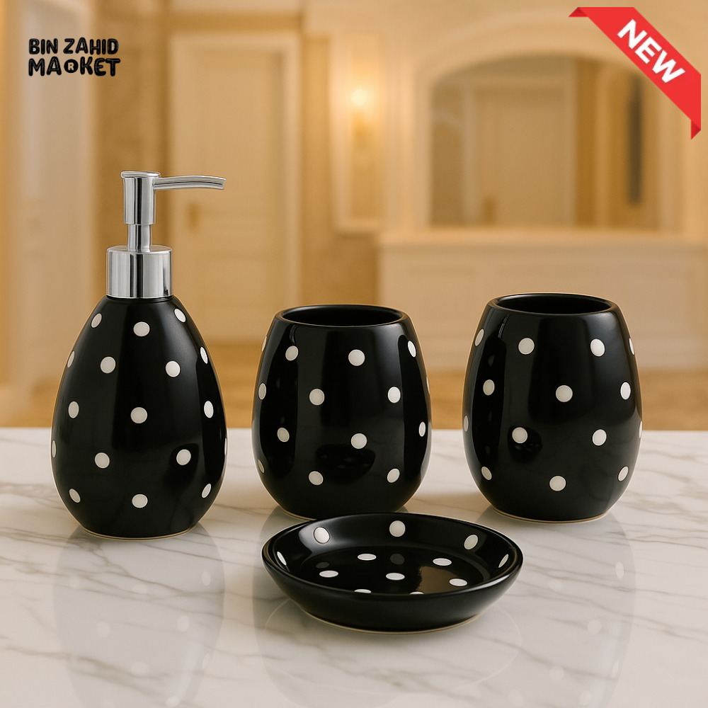 4 PIECE CERAMIC BATHROOM SET – SOAP DISPENSER, TOOTHBRUSH HOLDER, TUMBLER & TRAY - 005-4