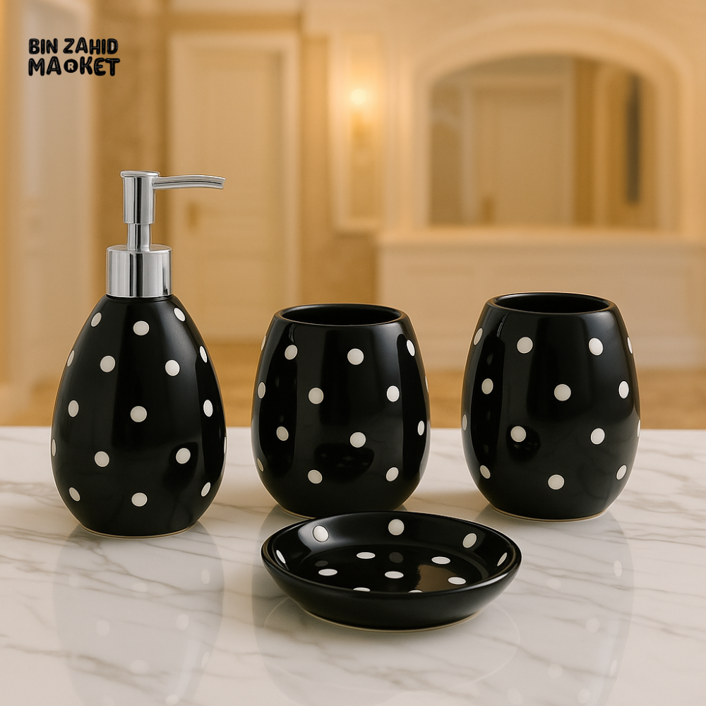 4 PIECE CERAMIC BATHROOM SET – SOAP DISPENSER, TOOTHBRUSH HOLDER, TUMBLER & TRAY - 005-4