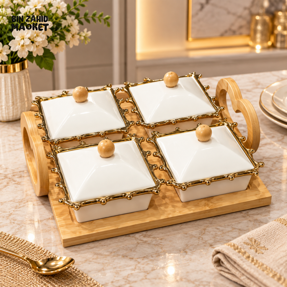 4-PIECE CERAMIC CONDIMENT JAR SET WITH BAMBOO TRAY
