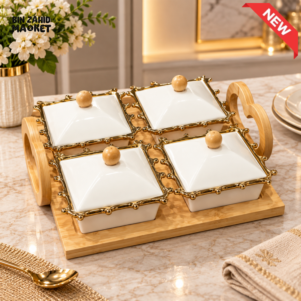 4-PIECE CERAMIC CONDIMENT JAR SET WITH BAMBOO TRAY