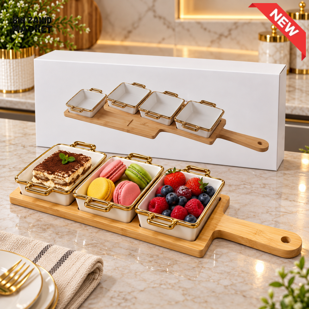 4-PIECE CERAMIC SERVING DISH SET WITH BAMBOO TRAY