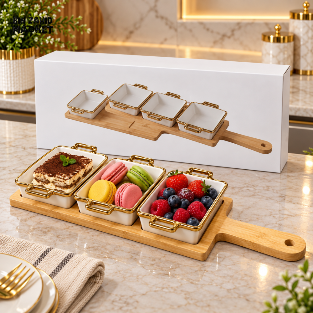 4-PIECE CERAMIC SERVING DISH SET WITH BAMBOO TRAY