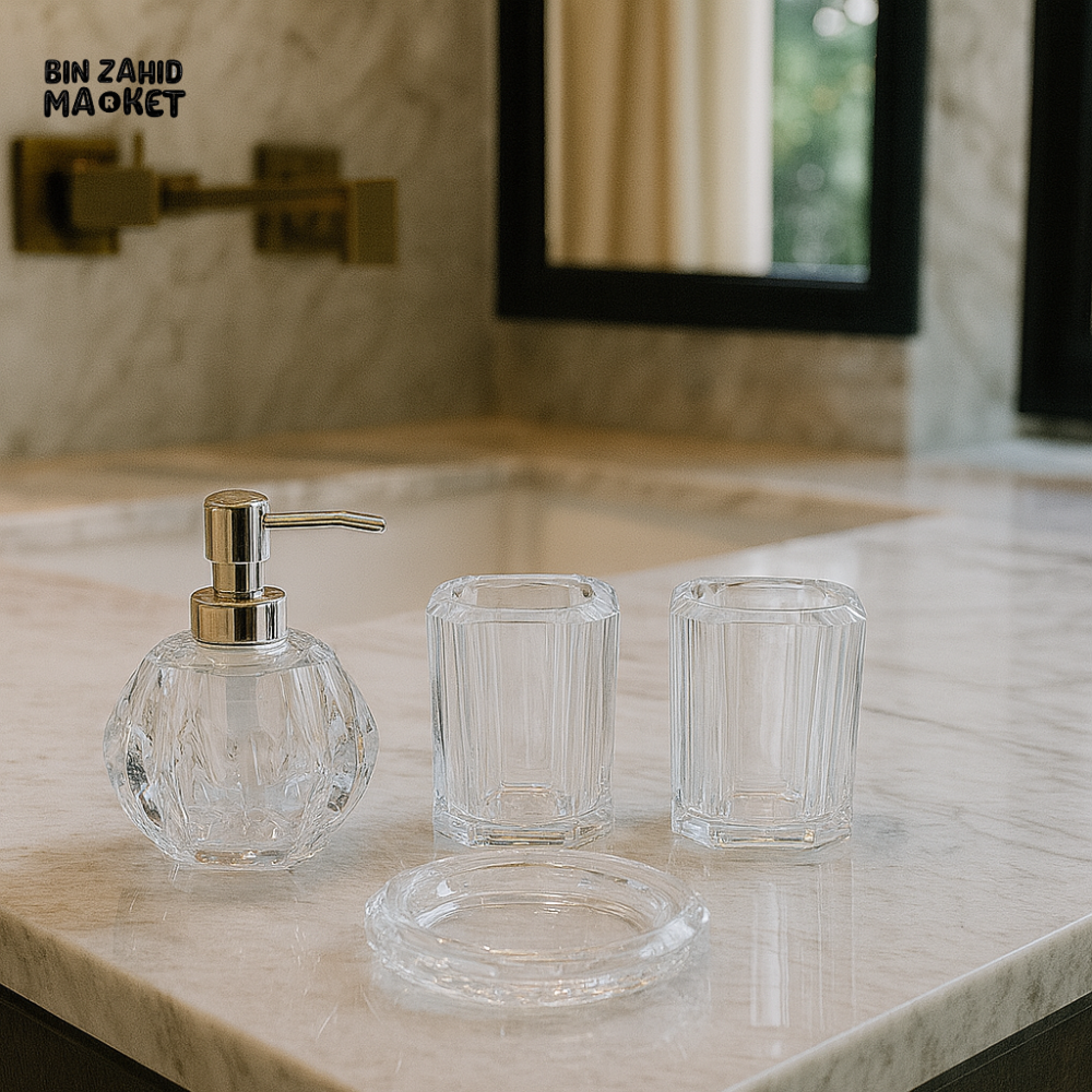 4 PIECE CLEAR GLASS BATHROOM ACCESSORY SET – LUXURY VILLA WASHROOM COLLECTION F3108T