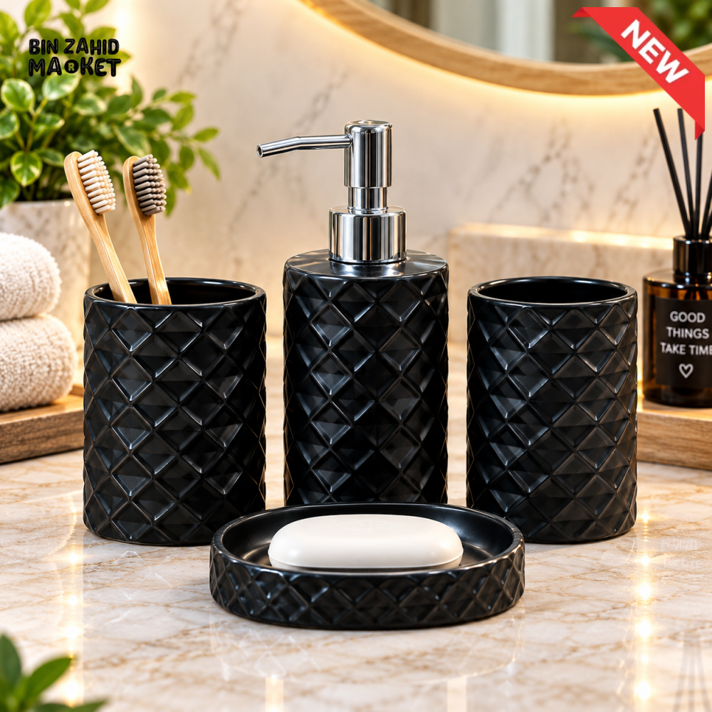 4-PIECE DIAMOND TEXTURED BATHROOM ACCESSORY SET WITH SOAP DISPENSER